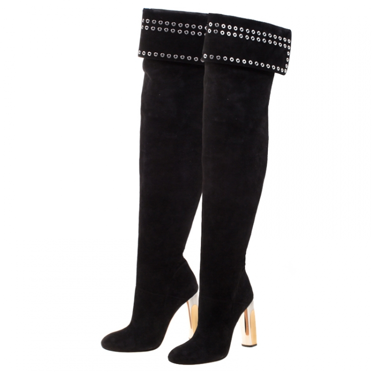 مملوكة مسبقًا Alexander McQueen Black Suede Eyelet Detail Knee Length Boots Size 39