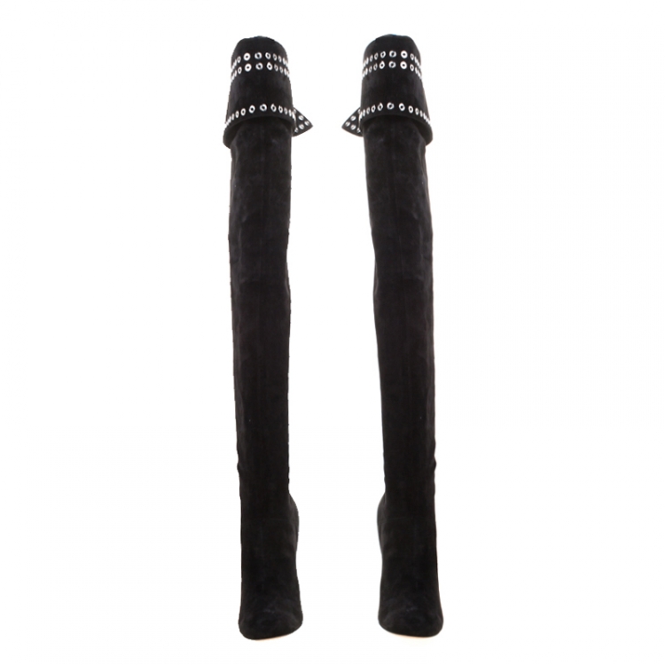 مملوكة مسبقًا Alexander McQueen Black Suede Eyelet Detail Knee Length Boots Size 39