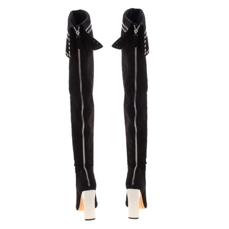 مملوكة مسبقًا Alexander McQueen Black Suede Eyelet Detail Knee Length Boots Size 39