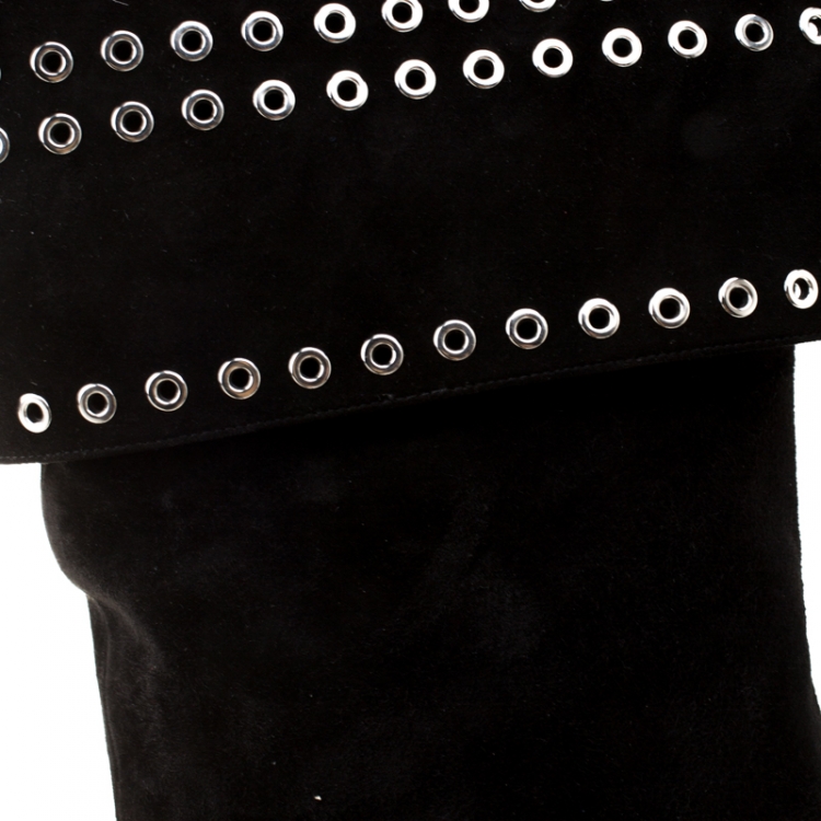 مملوكة مسبقًا Alexander McQueen Black Suede Eyelet Detail Knee Length Boots Size 39