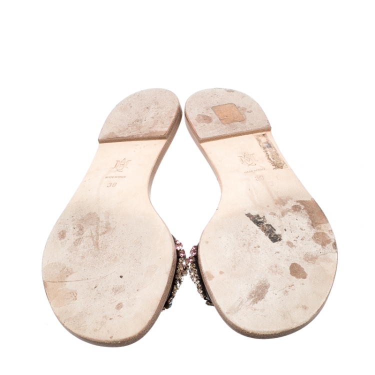 Pre Owned Alexander McQueen Multicolored Floral Embellished Leather Slides Size 38