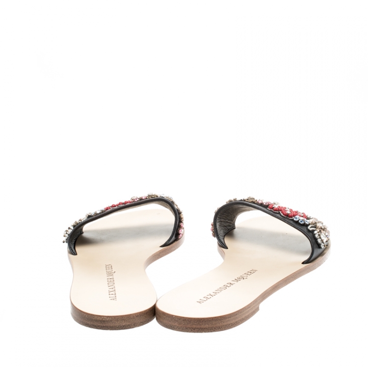 Pre Owned Alexander McQueen Multicolored Floral Embellished Leather Slides Size 38