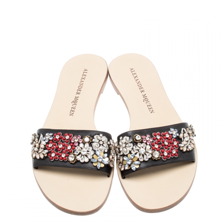 Pre Owned Alexander McQueen Multicolored Floral Embellished Leather Slides Size 38