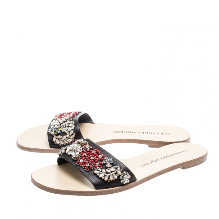Pre Owned Alexander McQueen Multicolored Floral Embellished Leather Slides Size 38