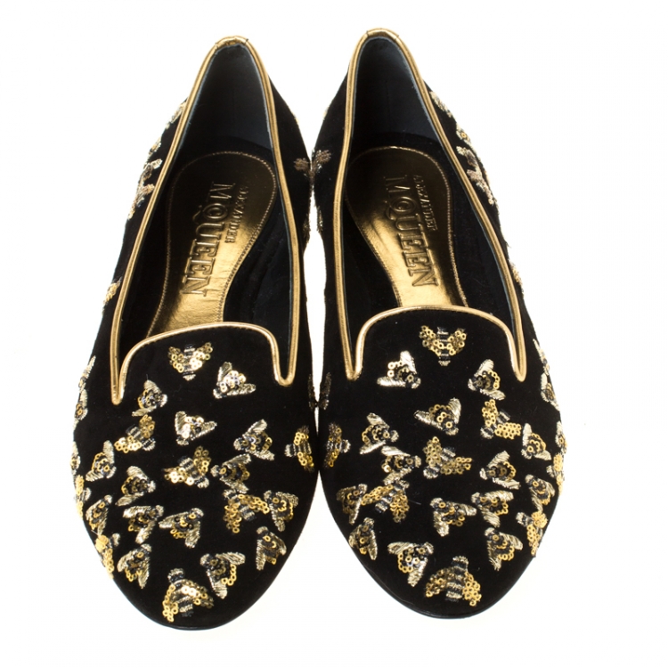 Pre Owned Alexander McQueen Black Bee Embroidered Sequined Suede Slippers Size 37