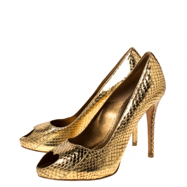 Pre Owned Alexander McQueen Gold Metallic Python Embossed Leather Heart Peep Toe Pumps Size 38.5