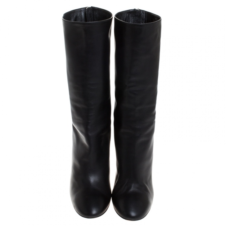 Pre Owned Alexander McQueen Black Leather Sculpted Heel Mid Calf Boots Size 41