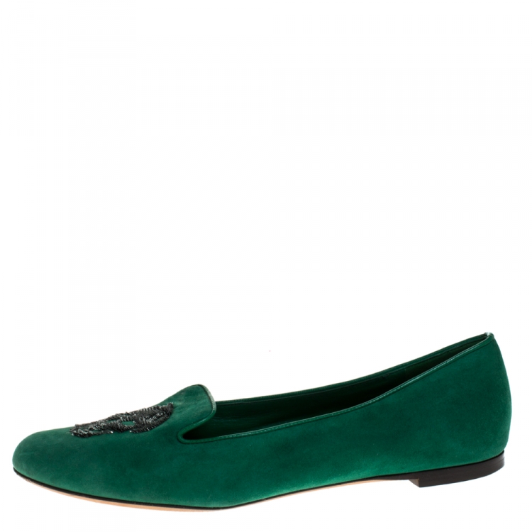 Pre Owned Alexander McQueen Green Suede Sequins Skull Smoking Slippers Size 38