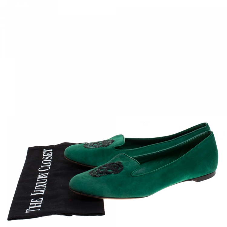Pre Owned Alexander McQueen Green Suede Sequins Skull Smoking Slippers Size 38