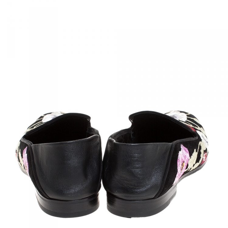 Pre Owned Alexander McQueen Black Floral Embroidered Suede And Leather Smoking Slippers Size 40