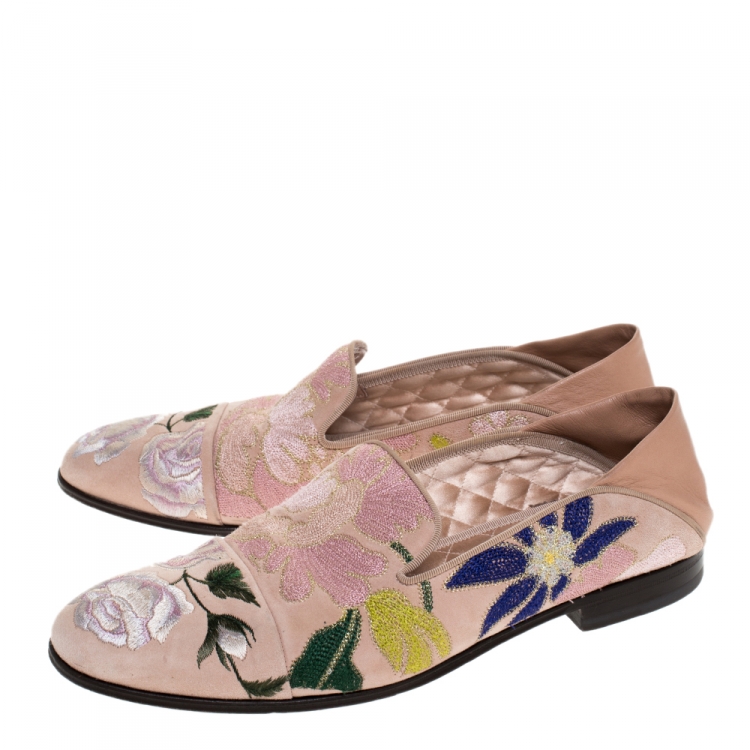 Pre Owned Alexander McQueen Beige Floral Embroidered Embroidered Suede And Leather Smoking Slippers Size 40