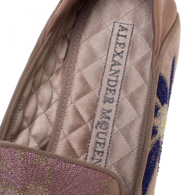 Pre Owned Alexander McQueen Beige Floral Embroidered Embroidered Suede And Leather Smoking Slippers Size 40