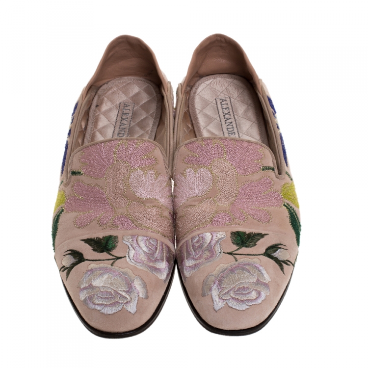 Pre Owned Alexander McQueen Beige Floral Embroidered Embroidered Suede And Leather Smoking Slippers Size 40