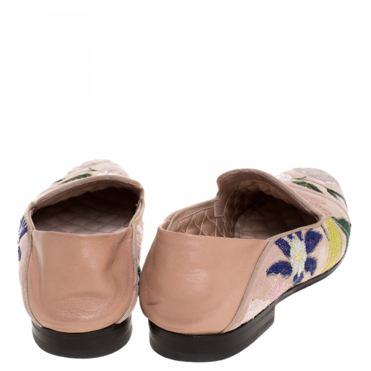 Pre Owned Alexander McQueen Beige Floral Embroidered Embroidered Suede And Leather Smoking Slippers Size 40