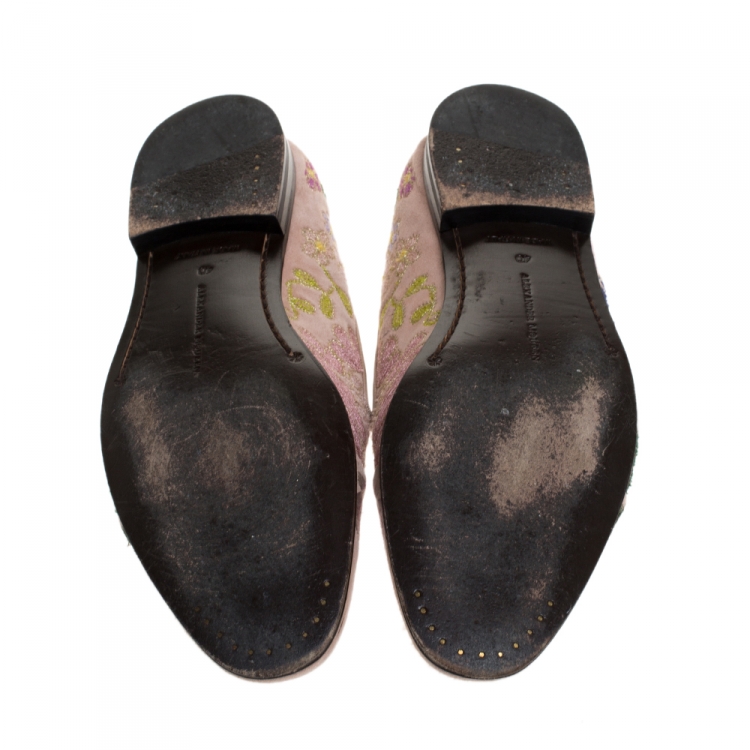 Pre Owned Alexander McQueen Beige Floral Embroidered Embroidered Suede And Leather Smoking Slippers Size 40