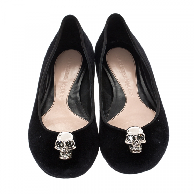 Pre Owned Alexander McQueen Black Suede Leather Skull Ballet Flats Size 39