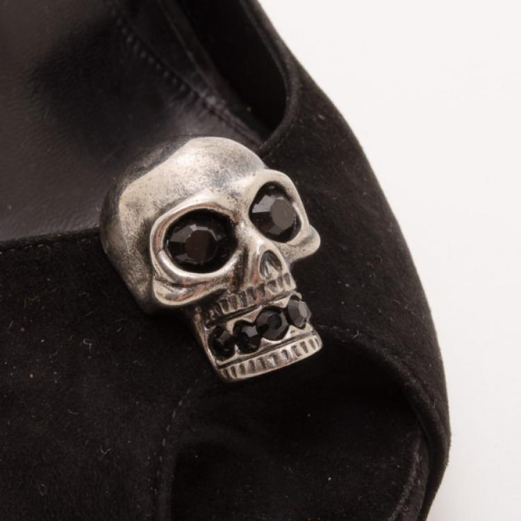 Pre Owned Alexander McQueen Black Suede Skull Peep Toe Pumps Size 37.5
