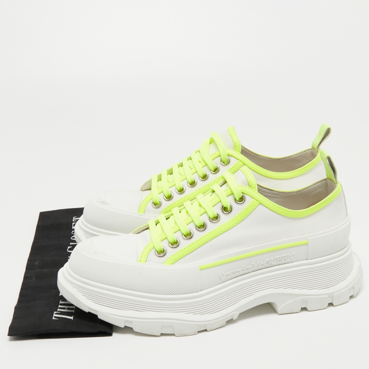 Pre Owned Alexander McQueen White/Neon Green Canvas and Rubber Slick Low Top Sneakers Size 40