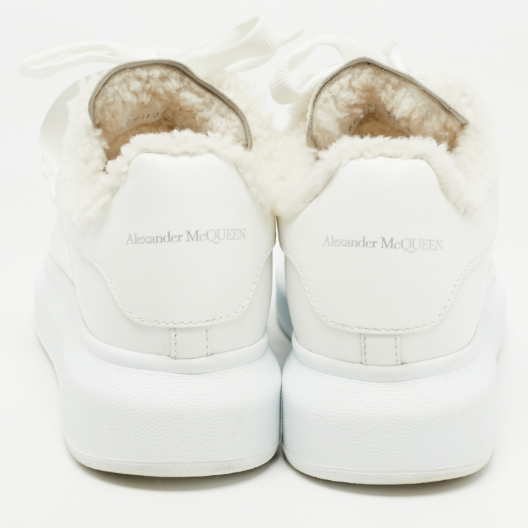 Pre Owned Alexander McQueen White Leather and  Shearling Trimmed Oversized Sneakers Size 36