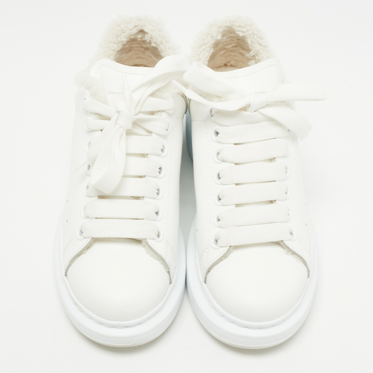 Pre Owned Alexander McQueen White Leather and  Shearling Trimmed Oversized Sneakers Size 36