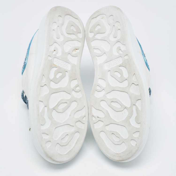 Pre Owned Alexander McQueen White Leather and Glitter Oversized Sneakers Size 38.5