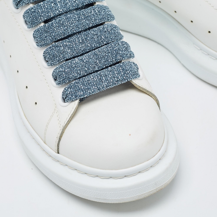 Pre Owned Alexander McQueen White Leather and Glitter Oversized Sneakers Size 38.5