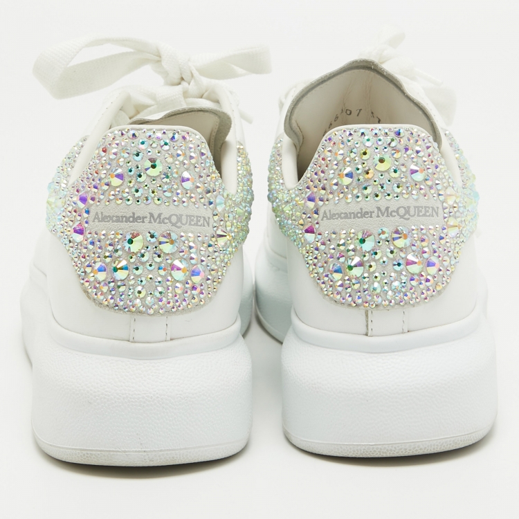 Pre Owned Alexander McQueen White Leather Crystal Embellished Oversized Sneakers Size 37