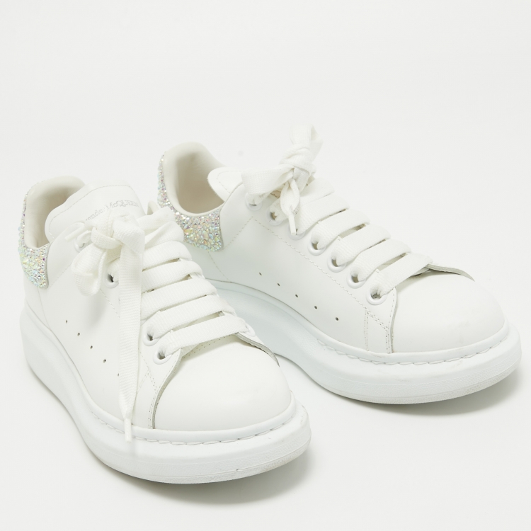 Pre Owned Alexander McQueen White Leather Crystal Embellished Oversized Sneakers Size 37