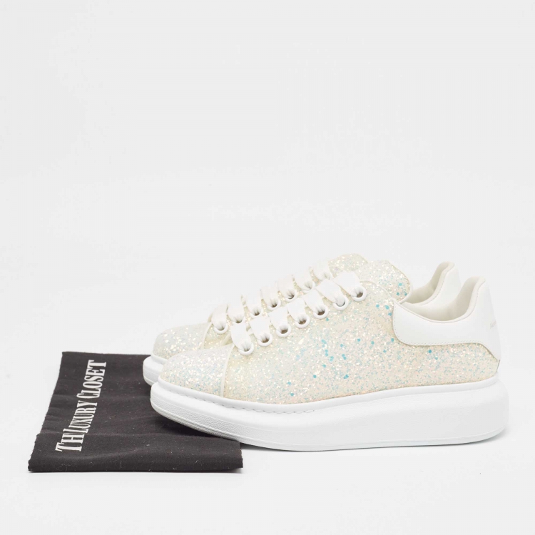 Pre Owned Alexander McQueen White/Silver Glitter and Leather Oversized  Sneakers Size 37.5