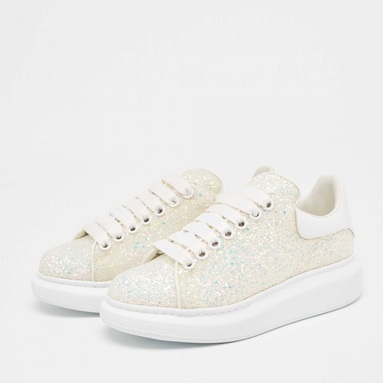 Pre Owned Alexander McQueen White/Silver Glitter and Leather Oversized  Sneakers Size 37.5