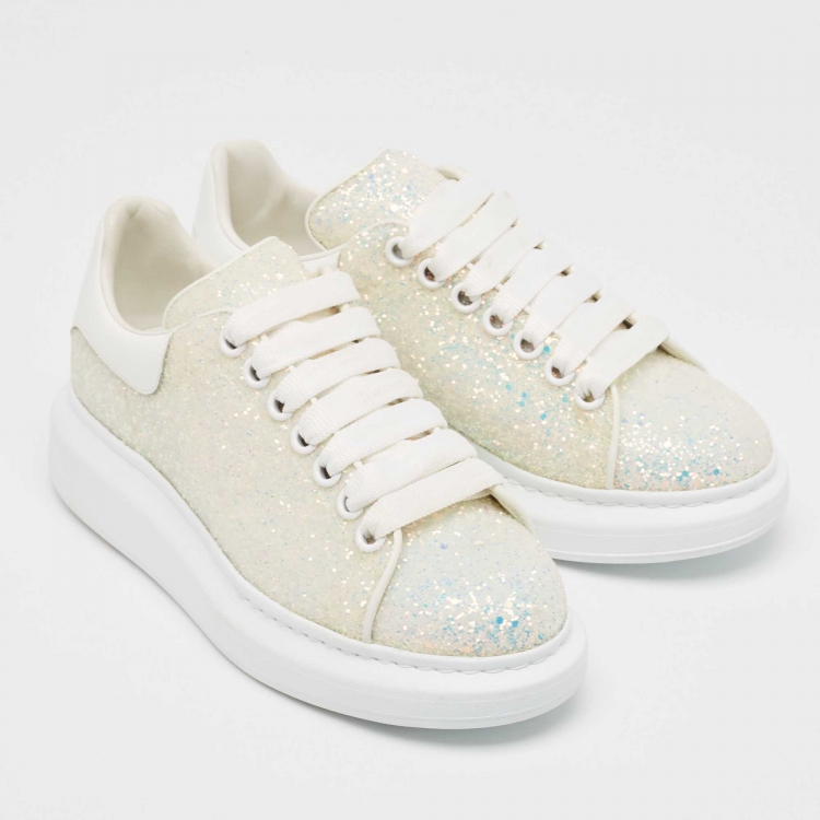 Pre Owned Alexander McQueen White/Silver Glitter and Leather Oversized  Sneakers Size 37.5