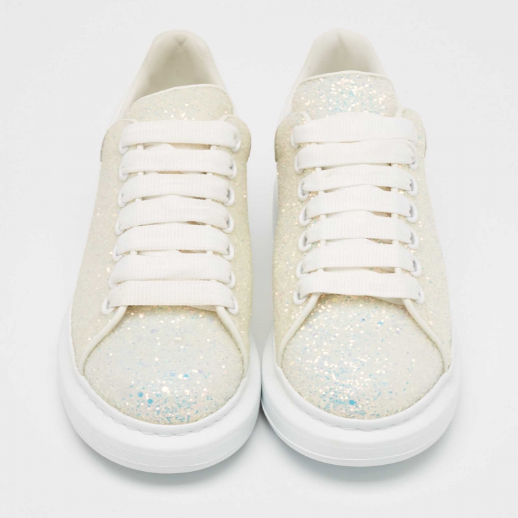 Pre Owned Alexander McQueen White/Silver Glitter and Leather Oversized  Sneakers Size 37.5