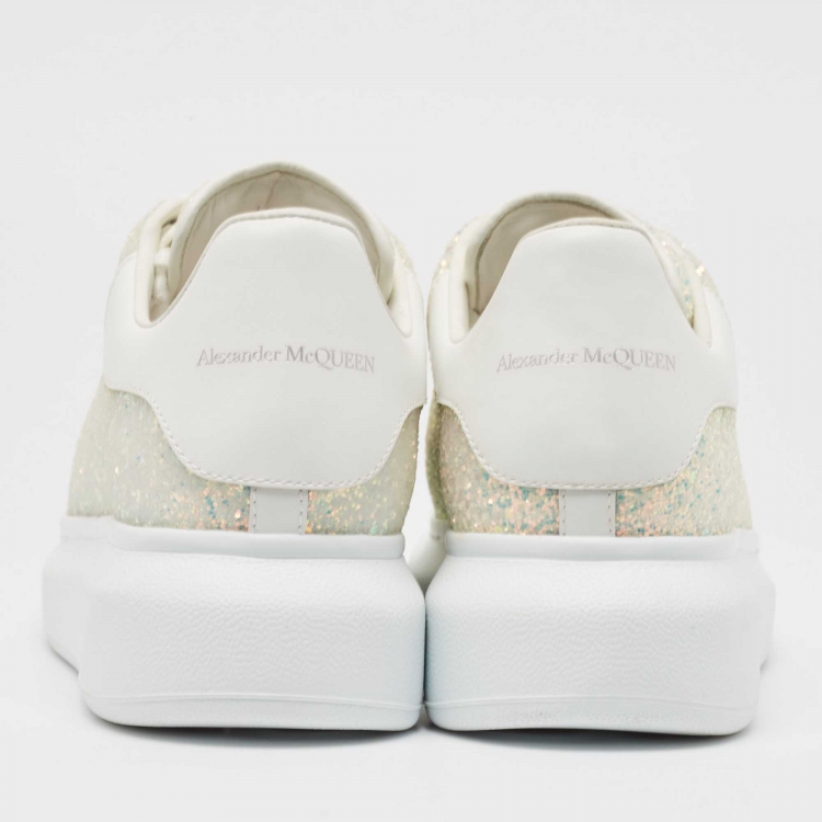 Pre Owned Alexander McQueen White/Silver Glitter and Leather Oversized  Sneakers Size 37.5