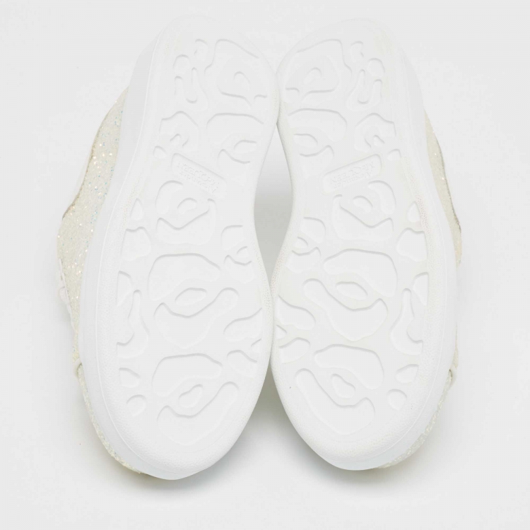 Pre Owned Alexander McQueen White/Silver Glitter and Leather Oversized  Sneakers Size 37.5