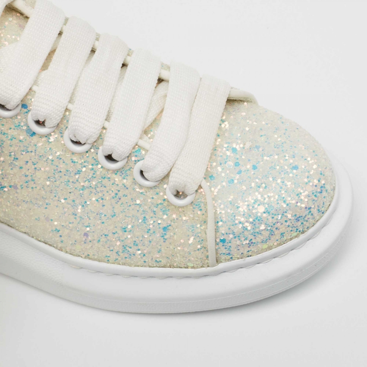 Pre Owned Alexander McQueen White/Silver Glitter and Leather Oversized  Sneakers Size 37.5