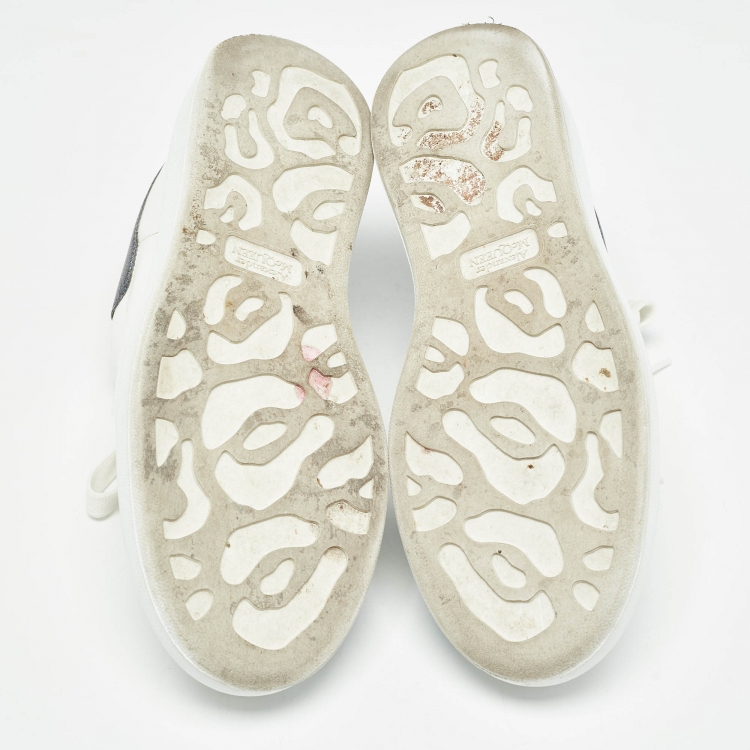 Pre Owned Alexander McQueen White/Silver Glitter and  Leather Oversized  Sneakers Size 40
