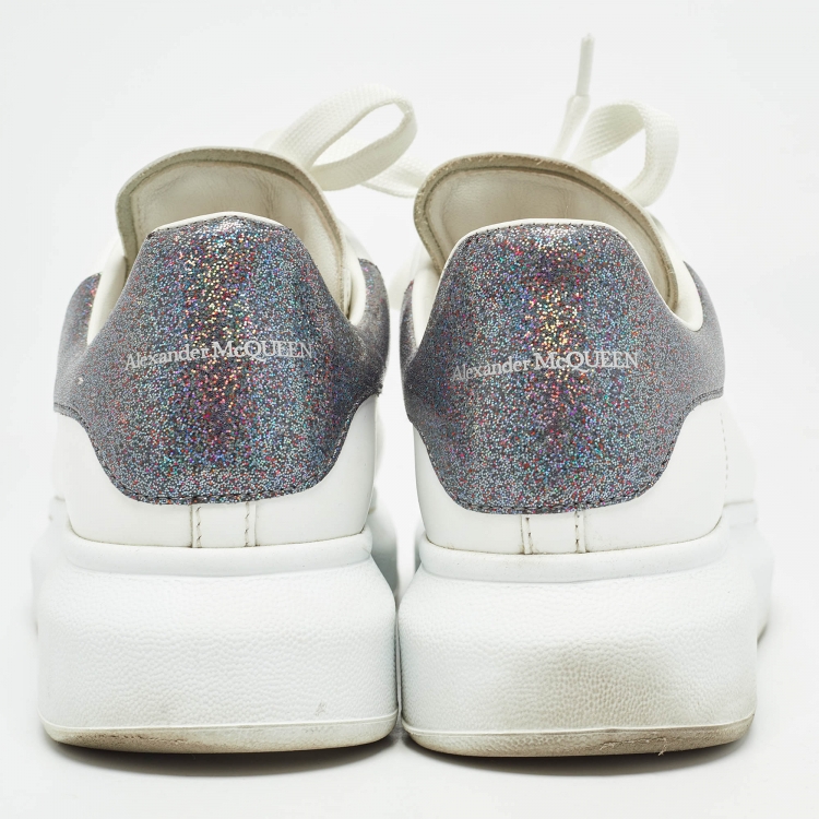 Pre Owned Alexander McQueen White/Silver Glitter and  Leather Oversized  Sneakers Size 40