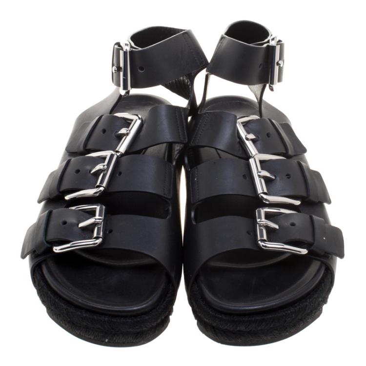 Pre Owned Alexander Wang Black Buckle Detail Leather Idina Espadrille Flat Sandals Size 40