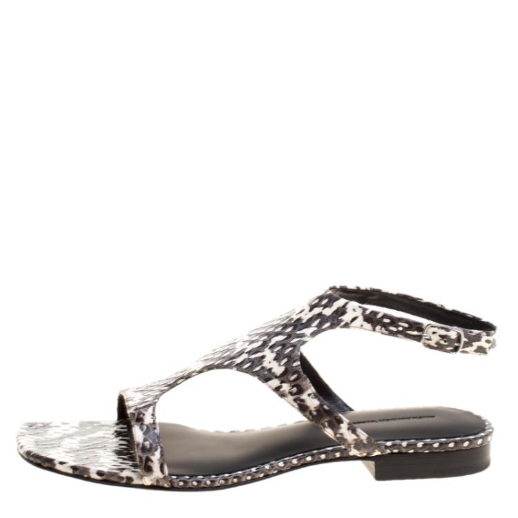 Pre Owned Alexander Wang Monochrome Snakeskin Embossed Leather Flat Sandals Size 37.5