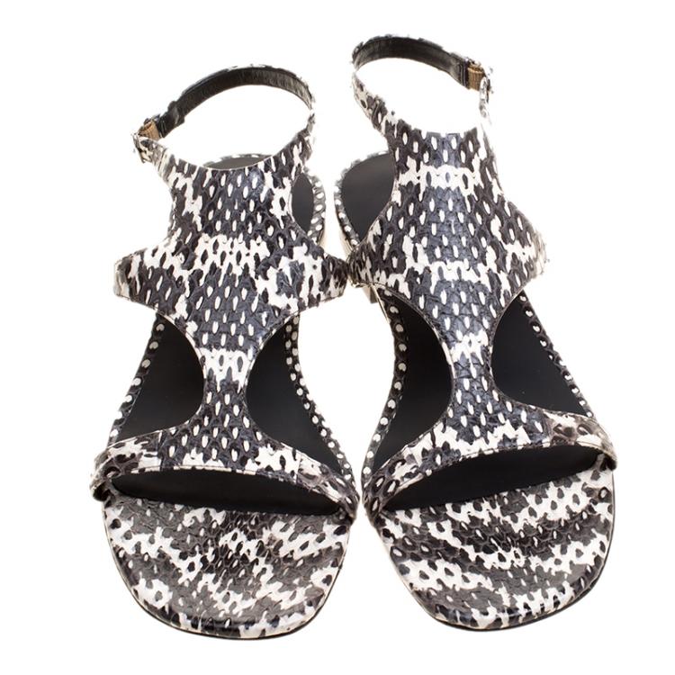Pre Owned Alexander Wang Monochrome Snakeskin Embossed Leather Flat Sandals Size 37.5
