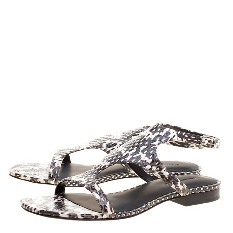 Pre Owned Alexander Wang Monochrome Snakeskin Embossed Leather Flat Sandals Size 37.5