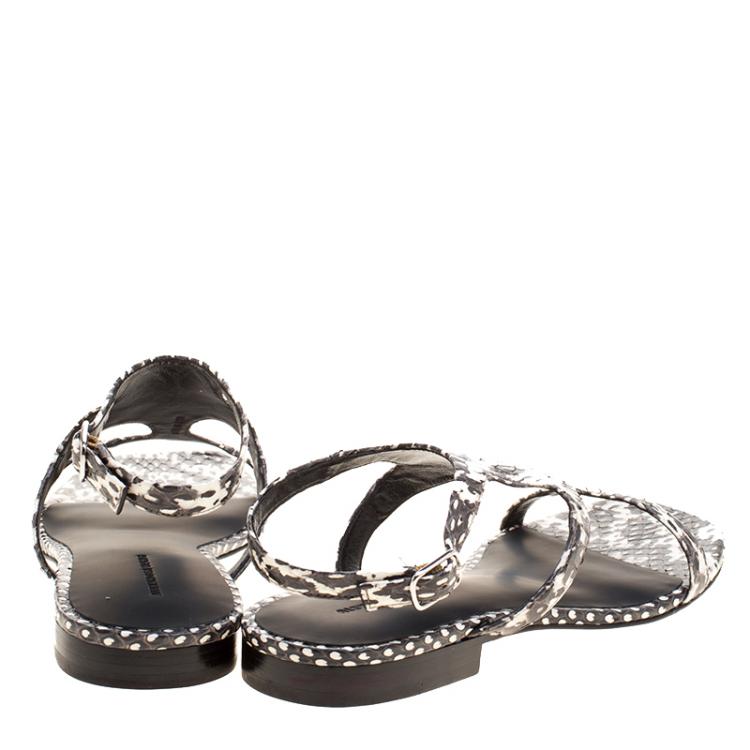 Pre Owned Alexander Wang Monochrome Snakeskin Embossed Leather Flat Sandals Size 37.5