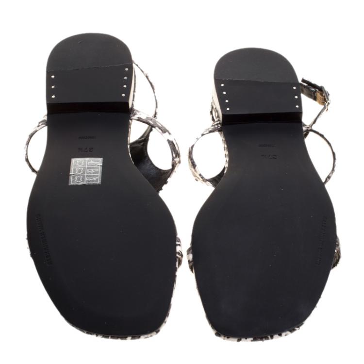 Pre Owned Alexander Wang Monochrome Snakeskin Embossed Leather Flat Sandals Size 37.5