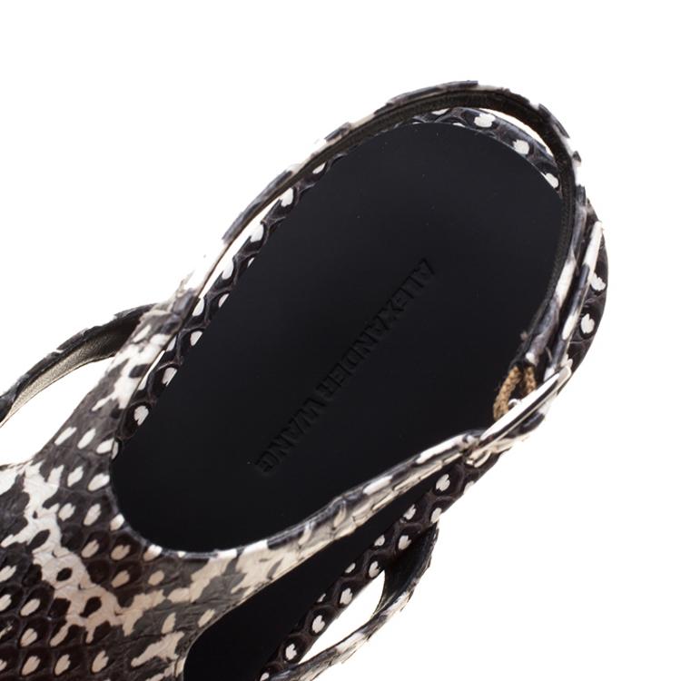 Pre Owned Alexander Wang Monochrome Snakeskin Embossed Leather Flat Sandals Size 37.5