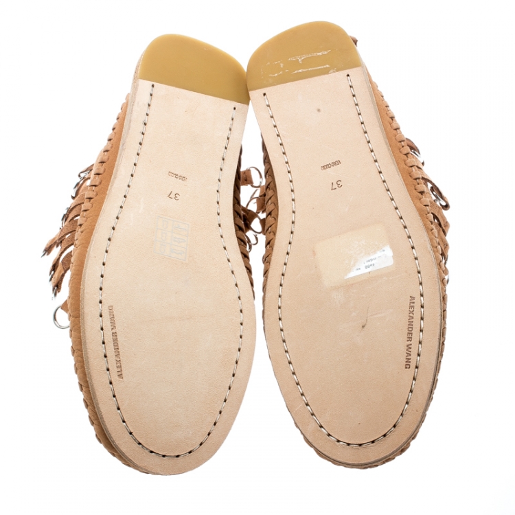 Pre Owned Alexander Wang Light Brown Leather Montana Moccasin Fringe Boots Size 37