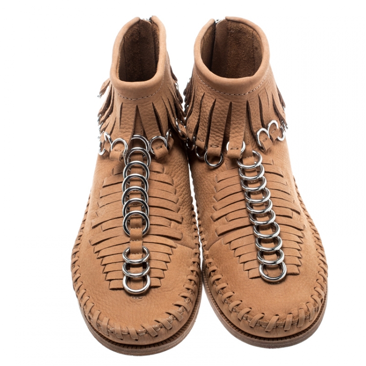 Pre Owned Alexander Wang Light Brown Leather Montana Moccasin Fringe Boots Size 37