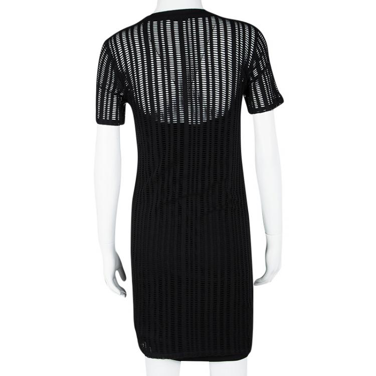 Pre Owned T by Alexander Wang Black Perforated Knit Short Sleeve Dress L