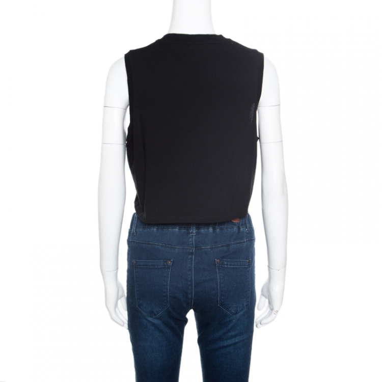 Pre Owned Alexander Wang Black Barcode Printed Cotton Sleeveless Cropped Top M