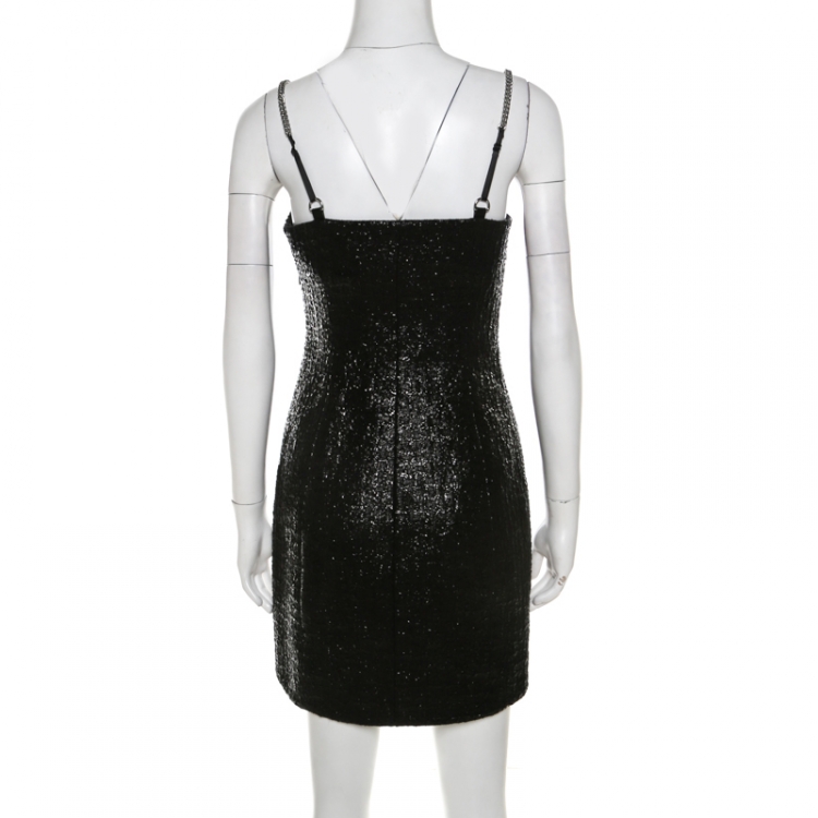 Pre Owned Alexander Wang Metallic Black Cotton Blend Tweed Chain Strap Detail Mini Dress S