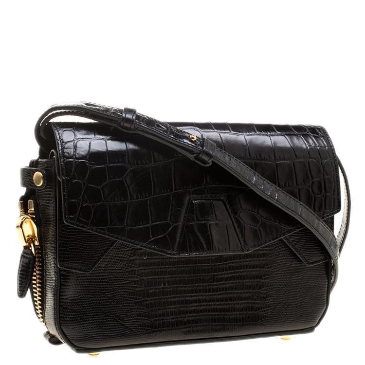 Pre Owned Alexander Wang Black Croc and Lizard Embossed Leather Tri Fold Shoulder Bag